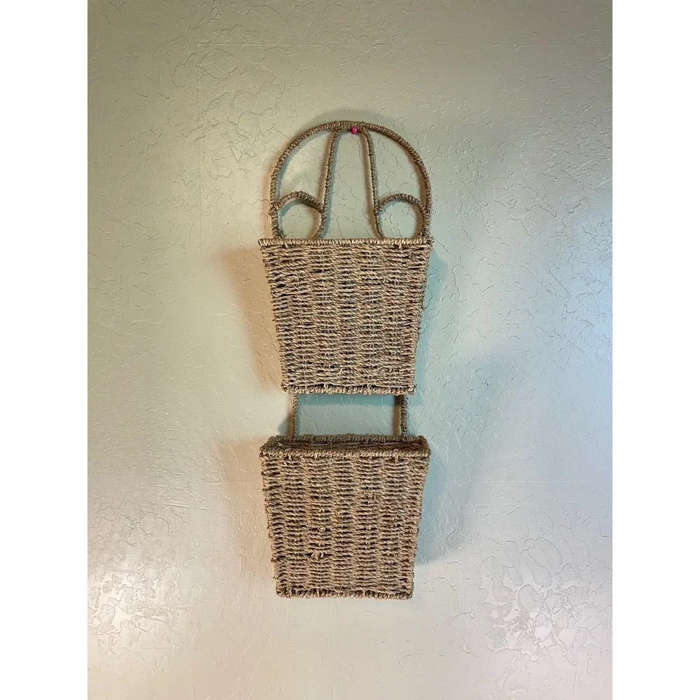 Vintage Woven Seagrass 2 Tier Wall Hanging Basket Organizer Natural Boho Storage